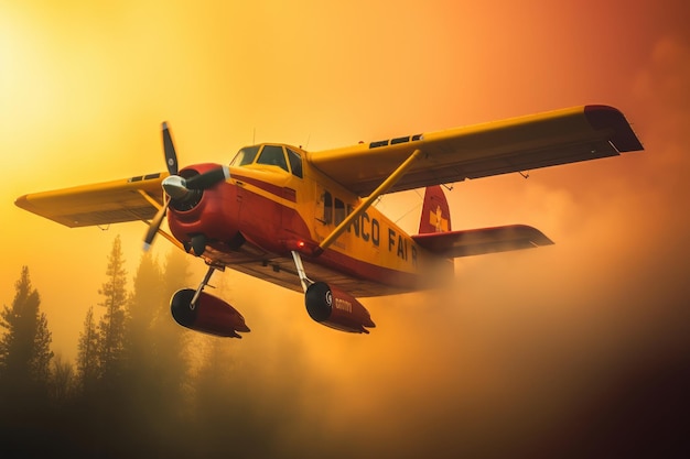 In geringer Höhe fliegende Rettungslöschflugzeuge löschen Waldbrände, indem sie Wasser auf Bur schütten