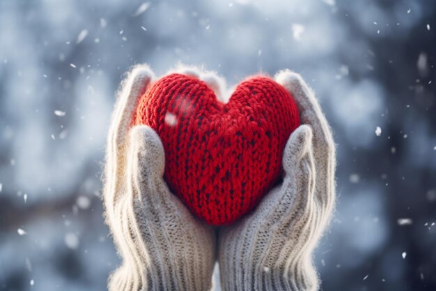 in Händen gestrickte Handschuhe, die ein Herz aus Schnee formen