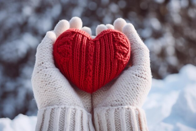 Foto in händen gestrickte handschuhe, die ein herz aus schnee formen