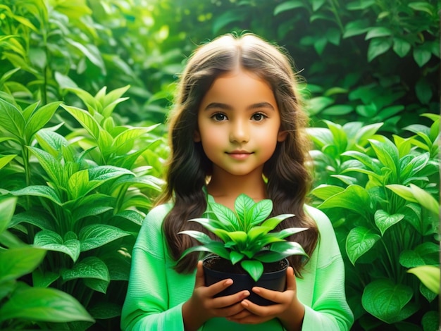 In Harmonie mit der Natur Spirituelle Pflege und Selbstliebe Konzept Junges Mädchen in grünen Pflanzen halten