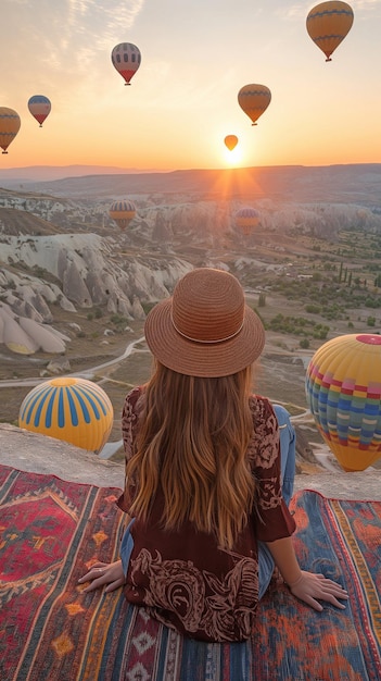 In Kappadokien, Türkei, beobachtet eine zufriedene Frau Heißluftballons Konzept des glücklichen Reisens in der Türkei Frau, die auf eine wunderschöne Bergspitze blickt