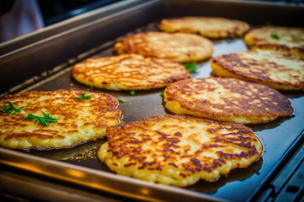 In Öl auf einer großen Grillplatte gebratene Kartoffelpuffer für ein köstliches Gourmet-Mittagessen