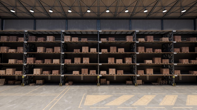 in a large warehouse multiple storage racks are neatly arranged with cardboard boxes stacked high efficient layout showcases an organized inventory system in a spacious environment 3d render