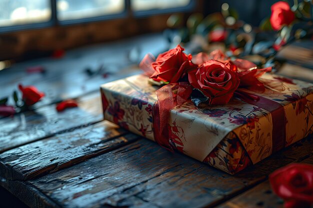 Foto in liebe gewickelt eine geschenkbox wartet als symbol der zuneigung am valentinstag oder an einem süßen jubiläum