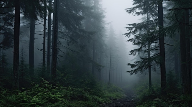 In Nebel umhüllt bedeckt der dichte Nebel den Wald, verdeckt die Bäume und erzeugt ein unheimliches Gefühl.