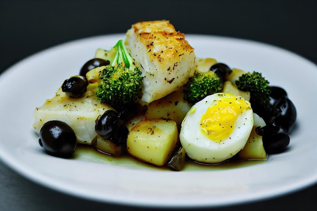 In Olivenöl gebackener Kabeljaufilet mit Kartoffeln, Brokkoli, gekochtem Ei und schwarzen Oliven. Typisches Gericht Portugals.