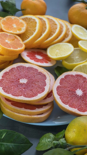 In Scheiben geschnittene Zitrusfrüchte, Grapefruit, Orange, Mandarine und Zitrone in einer blauen Platte auf Betongrund