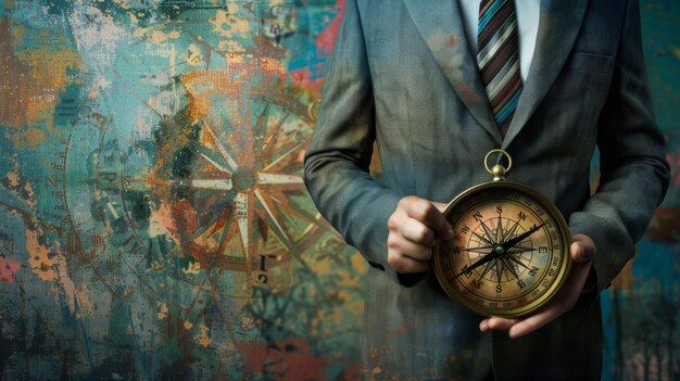 In seiner Hand hält er einen Kompass und sucht nach verschiedenen Richtungen für die Geschäftsentwicklung, während er eine Kunstcollage macht.