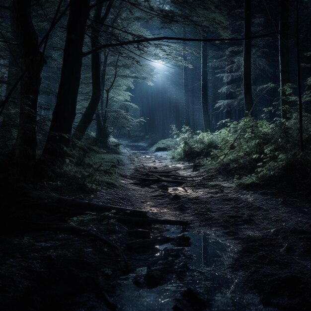 Foto in the heart of the night the forest becomes a realm of mystery and shadow