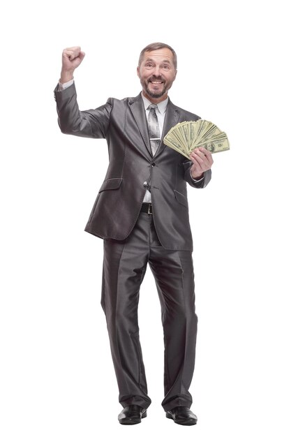 Foto in vollem wachstum glücklicher geschäftsmann mit dollarnoten