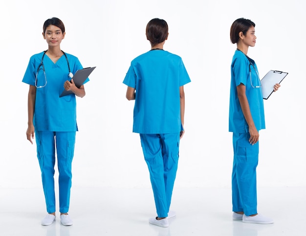 In voller Länge 20er Jahre junge asiatische Krankenschwester Frau tragen Stethoskop blaue Uniform 360 Vorderseite Rückseite Rückseite
