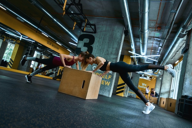 In voller Länge von zwei jungen athletischen Frauen in Sportbekleidung, die Liegestütze auf einer hölzernen Crossfit-Sprungbox im Fitnessstudio machen und zusammen trainieren. Sportliche Menschen, gesunder Lebensstil und Trainingskonzept