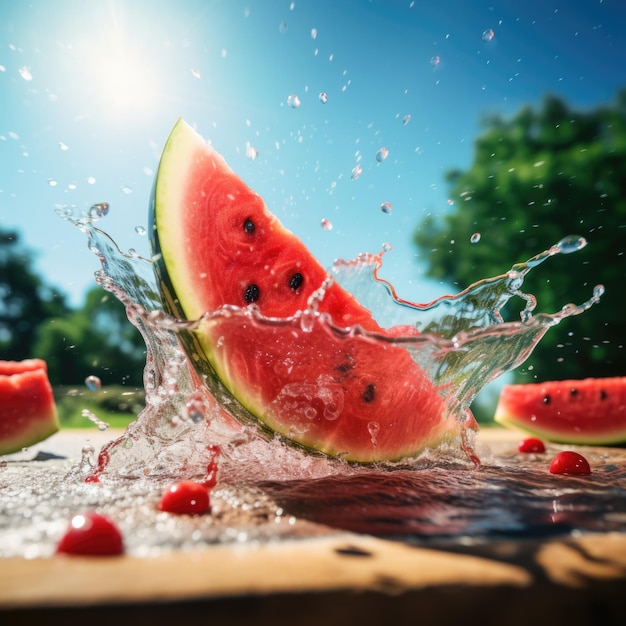 In Wassermelonensaft getauchte Wassermelonenscheibe mit Spritzern und Wellen