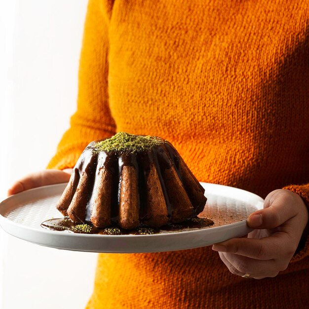 In weiblichen Händen Herbstkürbis-Bundt-Kuchen mit gebratenen Mohnsamen und festlichem Karamell-Dessert mit Pistazien