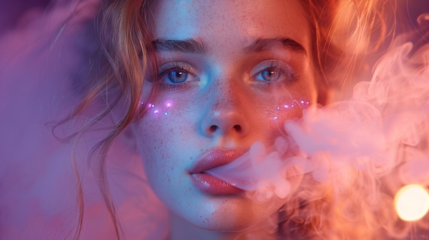 Inalação de cigarro eletrônico em luzes brilhantes Retrato de modelo de beleza mulher em luzes brillantes com fumaça colorida Conceito de vida noturna