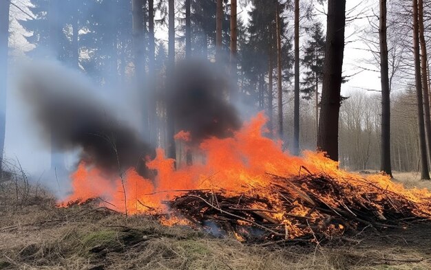 Un incendio arde en un bosque con un fondo borroso.