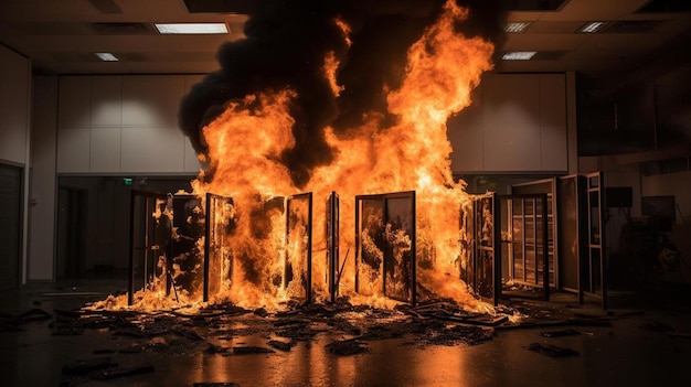 un incendio arde dentro de un edificio