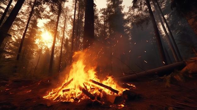 Un incendio ardiendo en medio de un bosque.