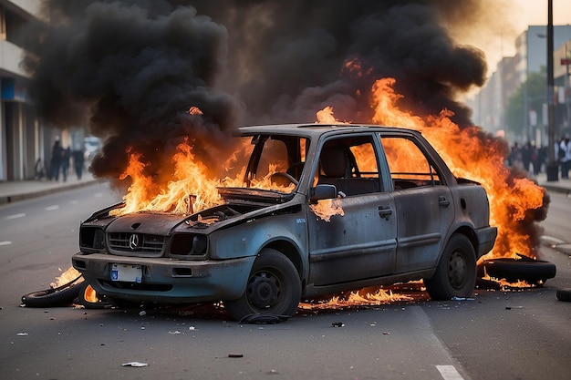 Foto incendio de automóviles disturbios contra el gobierno crimen