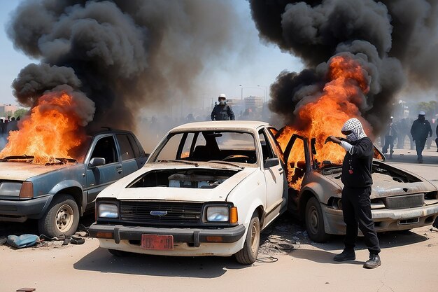 Foto incendio de automóviles disturbios contra el gobierno crimen