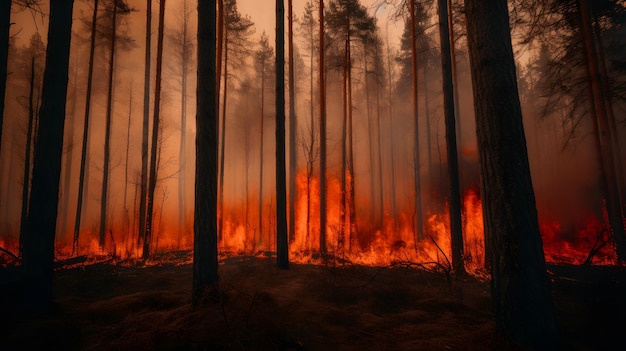 Incendio en el bosque con un incendio forestal en el fondo