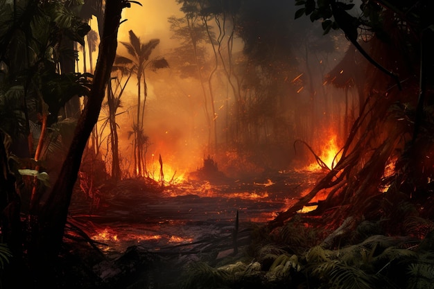 Incendio en el bosque tropical Vista lateral del bosque envuelto en intensas llamas
