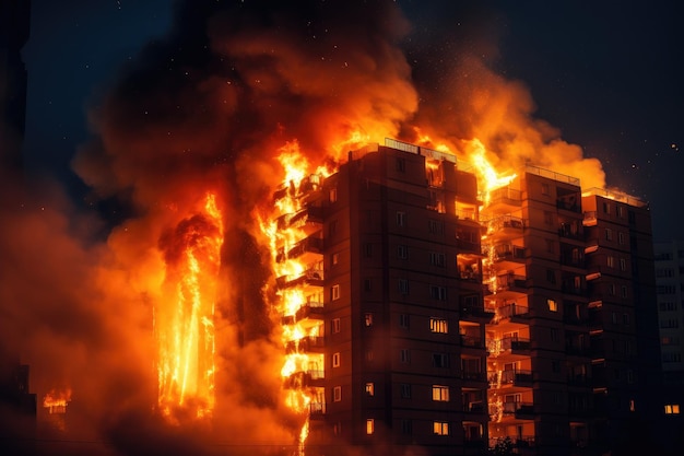 Foto incendio en la ciudad por la noche los bomberos apagan un incendio incendio nocturno el apartamento está ardiendo generado por ia