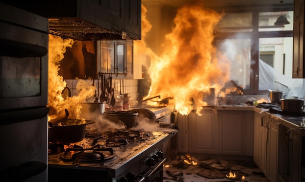 Foto un incendio en una cocina residencial seguro y seguridad del hogar