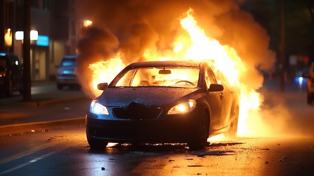 Incêndio de carro noturno com luzes da polícia à distância