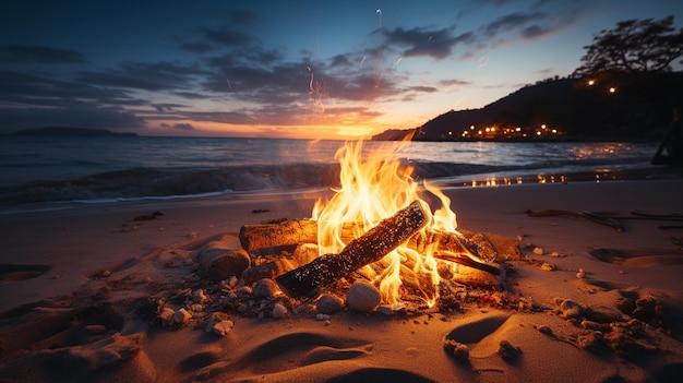 Incêndio e fogueira de acampamento na praia ao pôr-do-sol