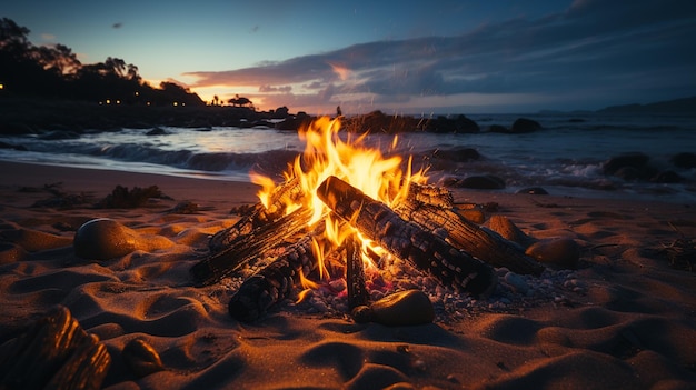 Incêndio e fogueira de acampamento na praia ao pôr-do-sol