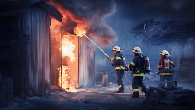 Un incendio estalló en el almacén y la brigada de bomberos estaba apagando el fuego.