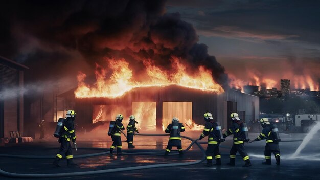 Un incendio estalló en el almacén y la brigada de bomberos estaba apagando el fuego.