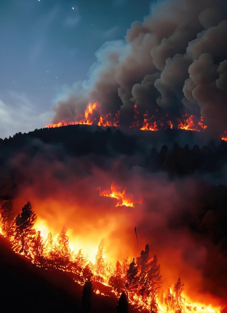 Incêndio florestal à noite na montanha com grande fumaça