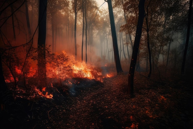 Incêndio florestal com árvores em chamas foto generativa ai