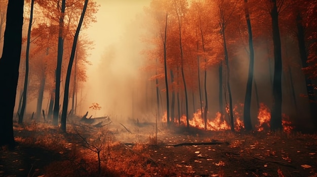 Incêndio florestal com árvores em chamas Generative Ai