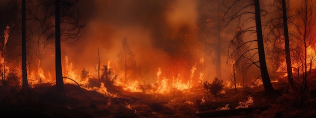 Incêndio florestal com árvores em chamas