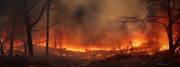 Incêndio florestal com árvores em fundo de fogo