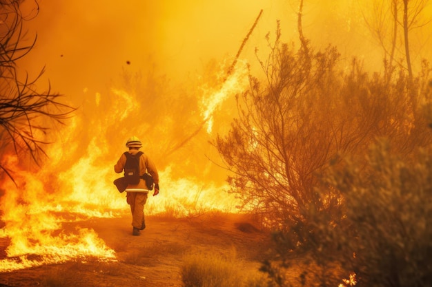 Incêndio florestal dramático em chamas causado por clima quente Bombeiros lutando contra incêndios florestais