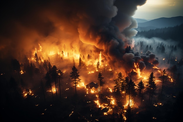 Incêndio florestal em catástrofe natural florestal fogo descontrolado
