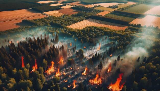 incêndio florestal em uma floresta ao lado de fieldstop vista foto da altura de um voo de avião