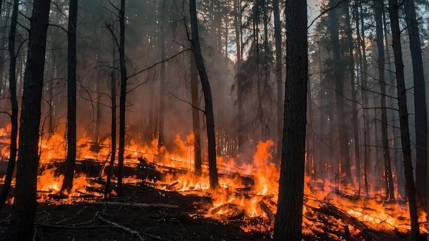 Incêndio florestal entre pinheiros