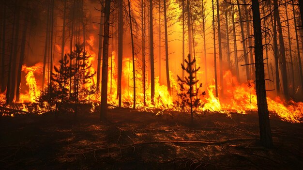 Foto incêndio florestal intenso engole floresta exuberante destacando a escalada da crise climática e seu impacto devastador no meio ambiente