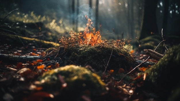 Incêndio florestal na floresta Queimando grama seca e árvores na floresta escura generative ai