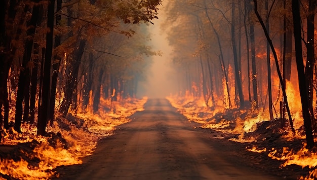 Incêndio florestal queimando grama seca e árvores na floresta durante a noite