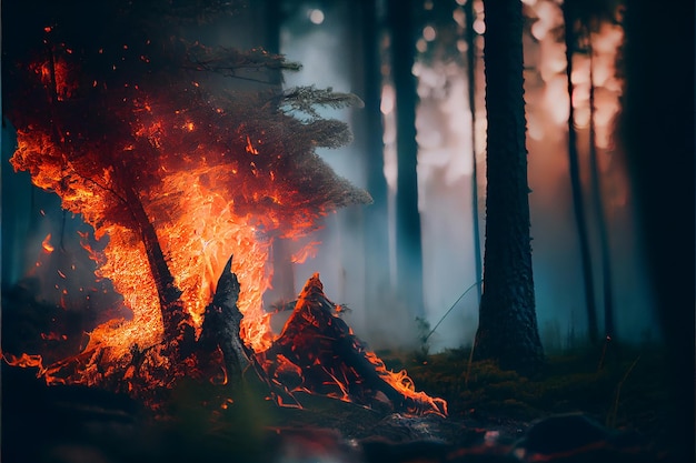 Incendio forestal con árboles en llamas IA generativa