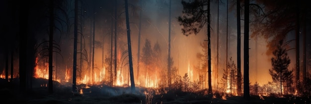 Un incendio forestal arde en el bosque con un árbol en primer plano.