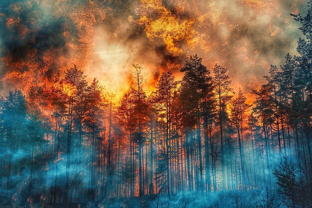 Un incendio forestal en un bosque de pinos