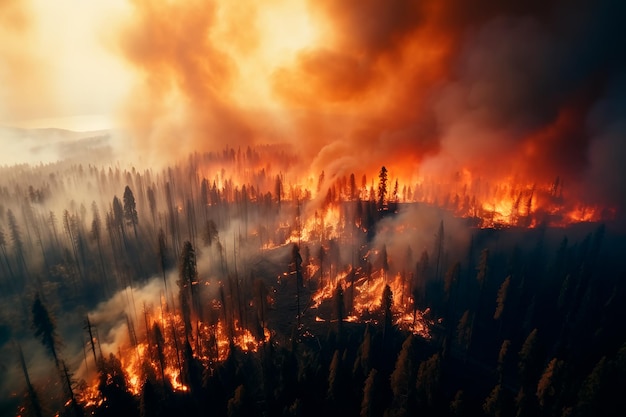 Un incendio forestal a gran escala vista superior El bosque está ardiendo Desastre ecológico cataclismo natural