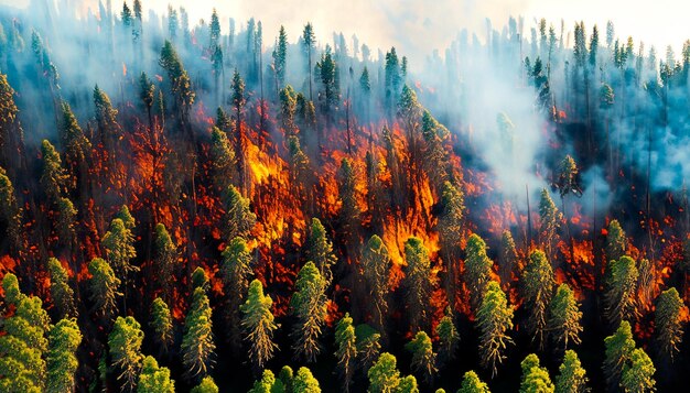 Incendio forestal un incendio forestal en una selva de pinos incendio wildfire debido a climas más calientes vista superior